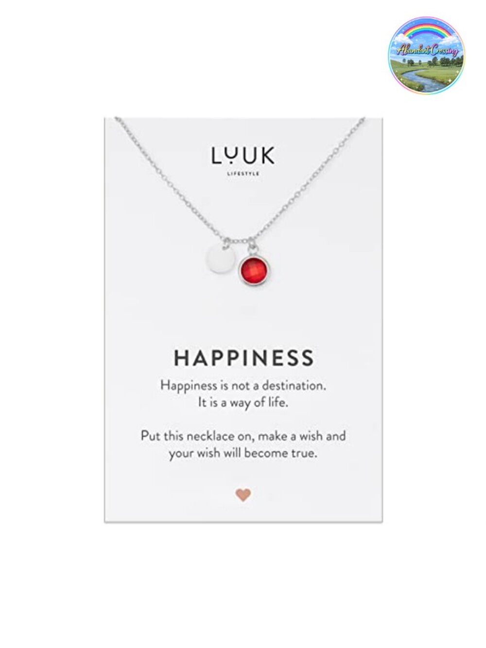 Stainless Steel Necklace with Red Glass Crystal Pendant & HAPPINESS Card